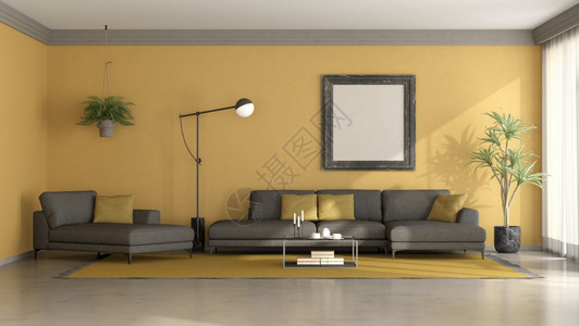 带有沙发chaise休息室和地板灯的黑色黄最小客厅3D制成黑色和黄最低客厅桌子现代的视窗图片