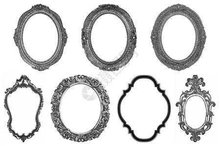 展览剪下白色背景上孤立的一套奥瓦尔装饰古老的银牌木板框博物馆图片
