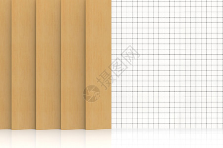 3d使现代浅棕色木板在白小广场瓷砖壁底上装饰墙垂直的白色图片