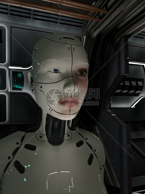插图未来空间走廊中的Cyborg妇女3D形成Cyborg女人类造的科学图片