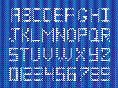 针织品向量冬天白色编织字母和数矢量插图符号文本创建蓝色编织背景上的Fabric脚本蓝编织背景上的白字母和数图片
