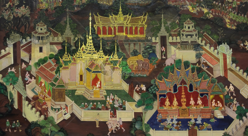 音乐大象瓦茹阿玛哈维拉BangKOKThailand2014年月5日古老的佛教寺庙壁画在曼谷的WatKalayanamitrVa图片