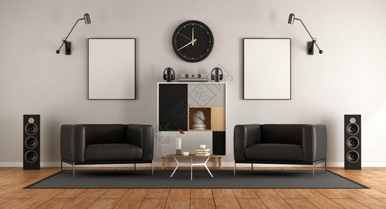 扬声器皮革木头装有两张黑臂椅音频设备和侧板的客厅3D为客厅配有两张黑臂椅和音频设备图片