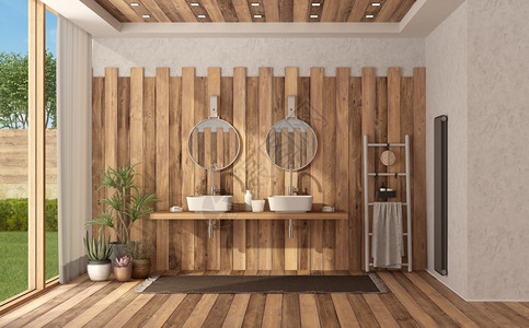 一种现代别墅的木制浴室带双洗脸盆3d渲染带双洗脸盆的现代木制浴室的家具图片