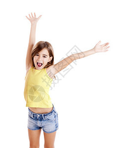 成功一个美丽的充满自信女孩肖像空中举着双臂孤立一个白人空气甜的图片