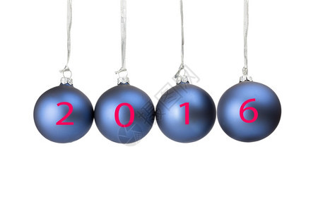 四颗蓝色的圣诞节球或浴缸象征着新的2016年在白色背景上被孤立时间白色的依次图片