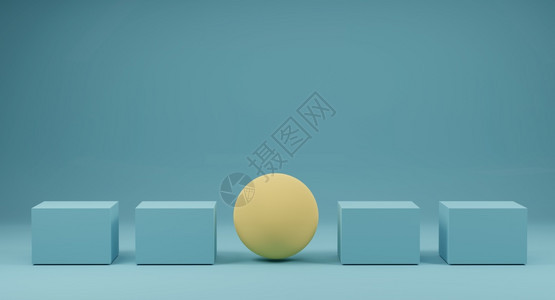 抽象的商业形蓝色背景盒中突出的黄色球体杰出和不同创造3D投影概念在蓝底盒子中突出的黄色球体图片