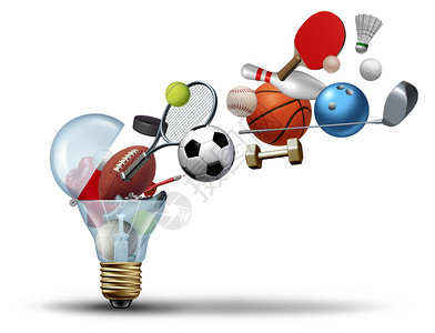 积极的游戏体育运动活构想和概念作为以带有3D插图元素的灯泡外冒出来体育设备积极生活的一个标志乒乓图片