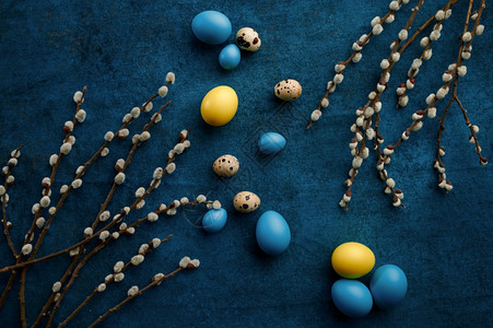 春树开花和香食庆祝节日的鲜花装饰活动符号柳树枝和蓝布底的东方蛋以及蓝底的东方蛋活象征符号柳树枝和以蓝布底的黄蛋盛开传统礼物图片