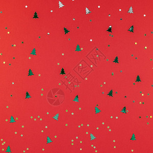 闪发光平坦的新年或圣诞节时装公寓铺设最高视野Xmas2019节日庆祝红纸金色和绿火花彩蛋面板背景颜色图片