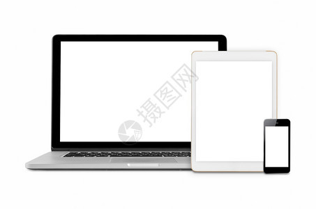 计算机平板电脑和移动话在白色背景上被孤立的电子装置模拟图象型化概念软垫移动的网站图片