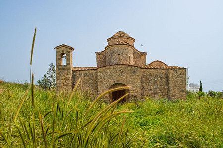 历史天琴术拜占庭修道院教堂最初在塞浦路斯岛Lythrangomi大山后面的塞浦路斯岛Lythrangomi含有卡纳马赛克图片