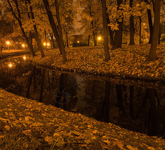 俄罗斯阿尔泰城市公园的夜景河秋天图片