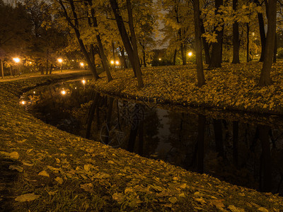 城市公园的夜景河支撑灯笼小路图片