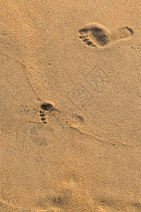 放松海滩背景上父亲和孩子的脚印页追踪旅行图片