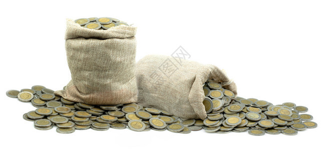 白背景的袋装硬币用于商业规划投资和挽救未来概念的货币堆叠式钱财库金融宝藏市场图片