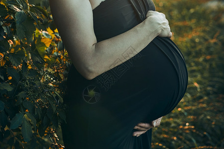 为人父母怀孕妇女拥抱肚子站在户外被大自然包围着的外表怀孕期待母概念投标孩子图片