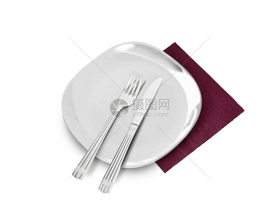 餐具棕色巾纸上的白板叉子和刀白色孤立有剪切路径现代的小图片