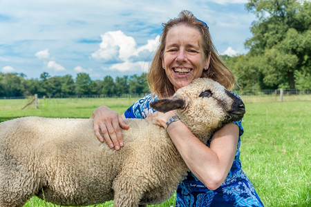 女人羊乡村的牧场国内欧洲女人在草地里拥抱和绵羊背景