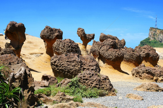 新北Yehliu地公园新台北和湾的蜂窝式蘑菇岩石风新的雕塑图片