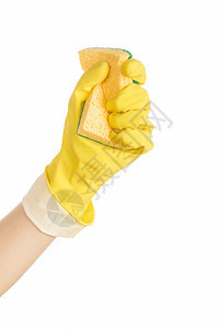 最佳白底带橡胶手套和清洁海绵的妇女手含橡胶套工人家庭图片