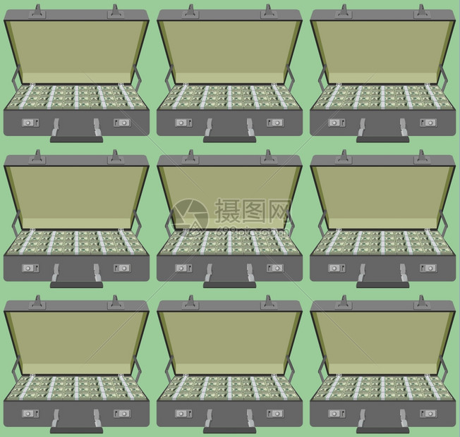 储蓄钱箱无缝图案成捆的钱满手提箱图片