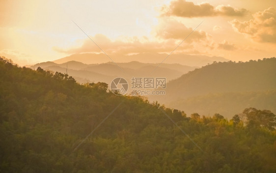 雄伟森林新鲜日出时山的夏季风景图片