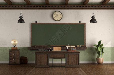 木头老师优质的Retro风格空教室师股桌和黑板挂在旧墙壁上3D提供Retro风格空教室黑板和课桌教员办公图片