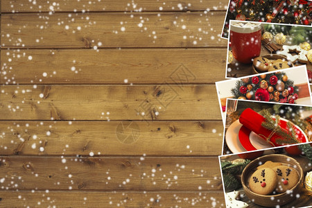 装饰风格传统桌子收藏的圣诞照片其中含有饼干装饰和桌布上木棕色背景复制空间背景图片