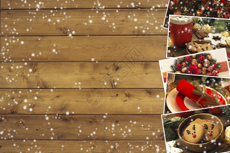 装饰风格传统桌子收藏的圣诞照片其中含有饼干装饰和桌布上木棕色背景复制空间图片