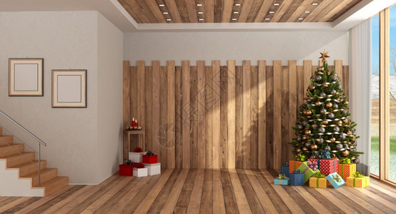 带有圣诞树和楼梯的木林客厅3天用圣诞树为木林房间提供圣诞树灰泥装饰品居住背景图片