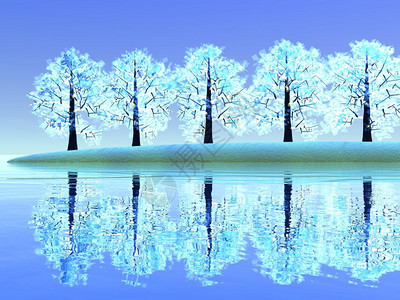 美丽的冬季风景树木在蓝天时反射成水快乐的使为白色图片
