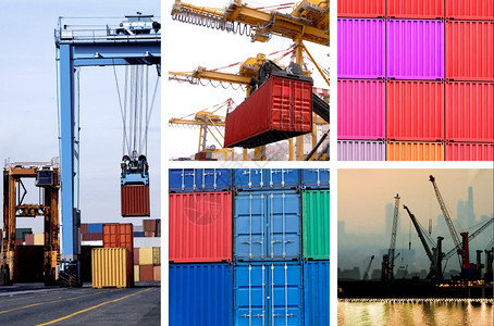 转移商品行业港口集装箱货物用工业起重机的拼合图片