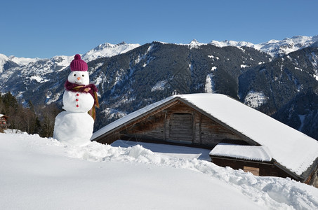 围巾白色的雪人对抗阿尔卑斯山全景帽子图片