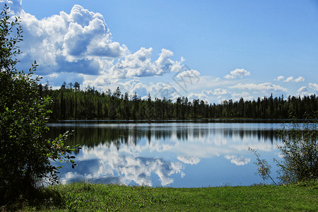蓝色的林地在西伯利亚中泰加的某个地方风景与森林湖的图象水中云层的反射间图片