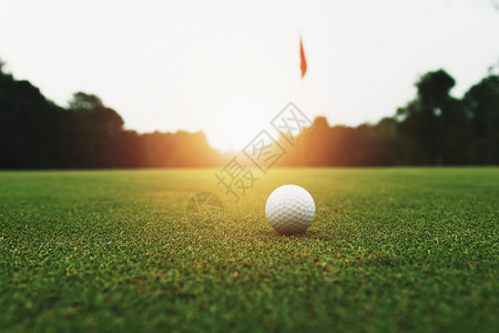 高尔夫球手鞋白色的青草上高尔夫球和日出图片