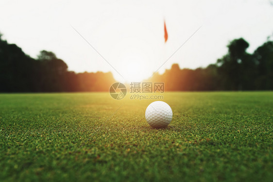 高尔夫球手鞋白色的青草上高尔夫球和日出图片
