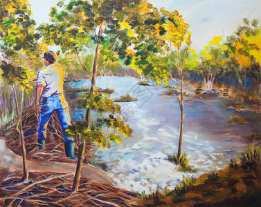溪加拿大北萨斯喀彻温州海狸大坝上行走的男子画布上原创丙烯油画步行秋天图片