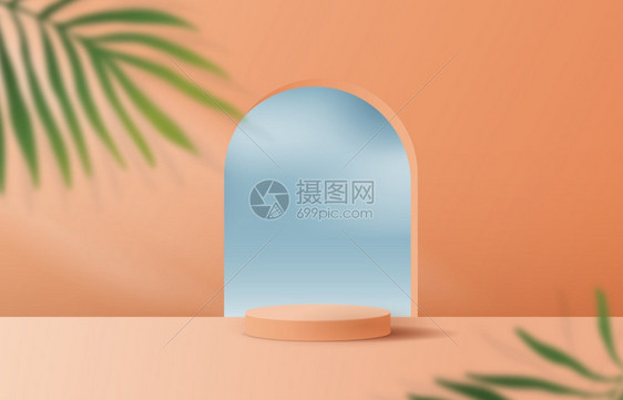 广告用于产品展示牌和包装演播台的代用橙色背景最低值和高级讲台展示并配有叶底3D插图设计阴影的3D插图内部奢华图片