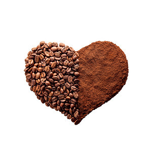生的阿拉比卡质地咖啡心形由粉和豆分离在白色背景上咖啡心形由粉和豆分离图片