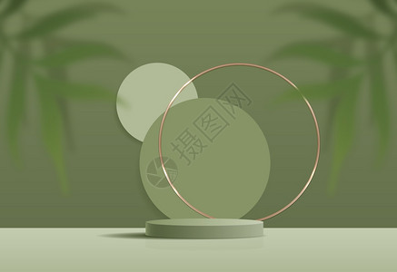 棕榈用于产品展示牌和包装工作室舞台的化装绿色背景最低值和高级讲台展示带有叶底3D插图设计阴影Named和包装演示播台展览平图片