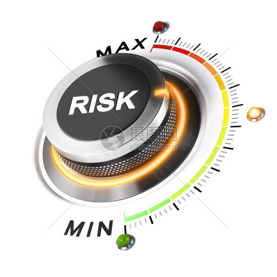 位于中等职白背景和橙光3D说明概念上的风险水平Knob用于业务安全管理的可接受风险程度的概念百分比服用按钮投资者图片