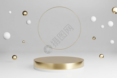 戒指空的3d制造模型黄金平台配有圆环闪亮和落下的装饰球空间用于产品展示闪亮的图片