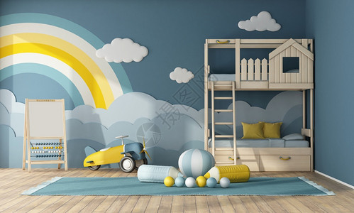 云游戏软垫球渲染室内儿童房间有睡床蓝色墙和玩具上的装饰用和玩3天内置儿童房间有木制床设计图片