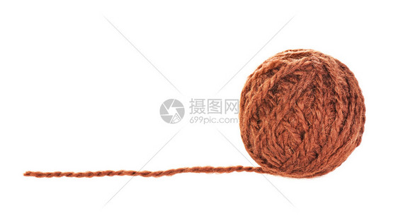 针织棕色褐毛线球白底色孤立于工艺棉布图片