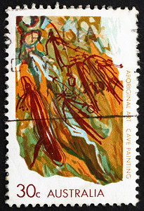 澳大利亚197年澳大利亚土著艺术中心澳大利亚印刷的章显示山洞绘画西阿纳姆土地著艺术197年circa用过的澳大利亚人邮票图片