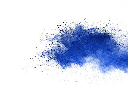 白色背景下蓝尘埃粒子飞溅的抽象蓝色粉末爆炸特写白色的蓝气体图片