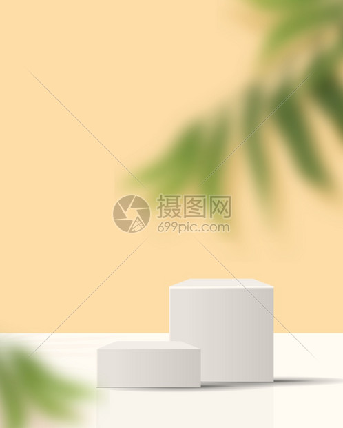 平台夏天用于产品展示牌和包装工作室舞台的化妆光黄色底浅背景最低值和高级讲台显示带有叶底3D插图设计阴影的3D插图介绍图片