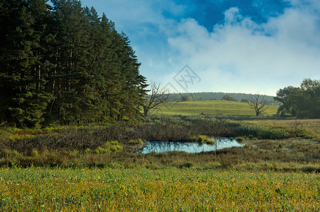 Mazury区Horizontal视图10月的Wild波兰秋天大草原森林群和野池蓝色的湖风景优美图片