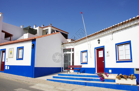 门传统的蓝色和白葡萄牙阿伦特霍建筑旅行科沃图片